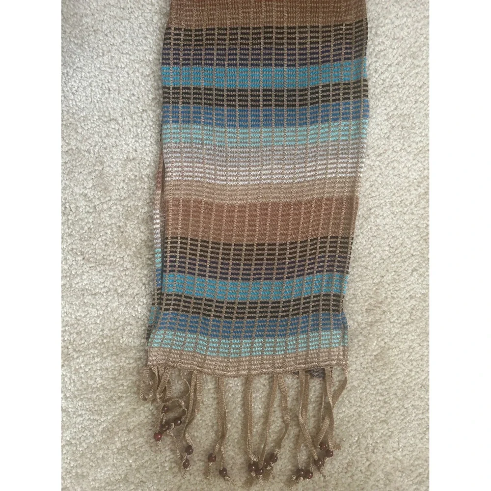 Echo Scarf Womens Brown Blue Striped Open Knit Beaded Fringe Rayon Wrap 74x10